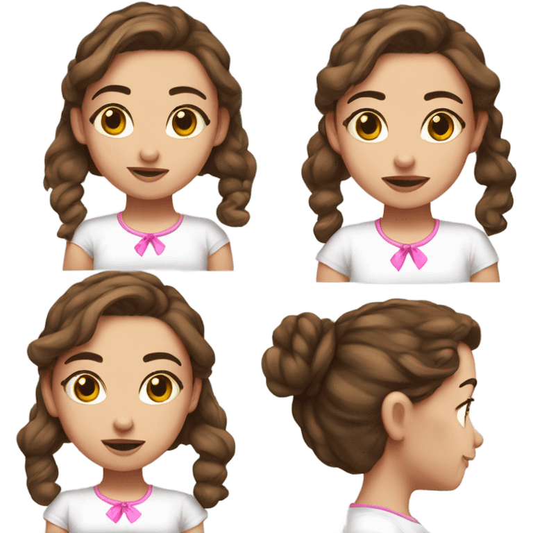 Realistic girl with brown hair, bushy eyebrows, bigger nose, a little pimple and with a cut pink bow in the hair, in white tee emoji