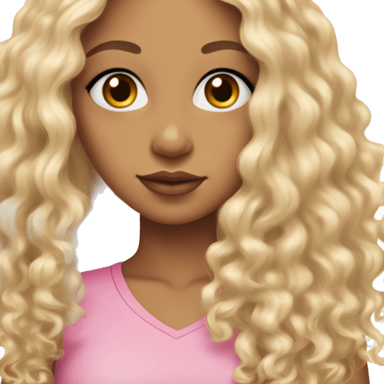 biracial girl with curly blonde long hair, full pink lips, small nose, almond shpaed brown eyes and a pink shirt emoji