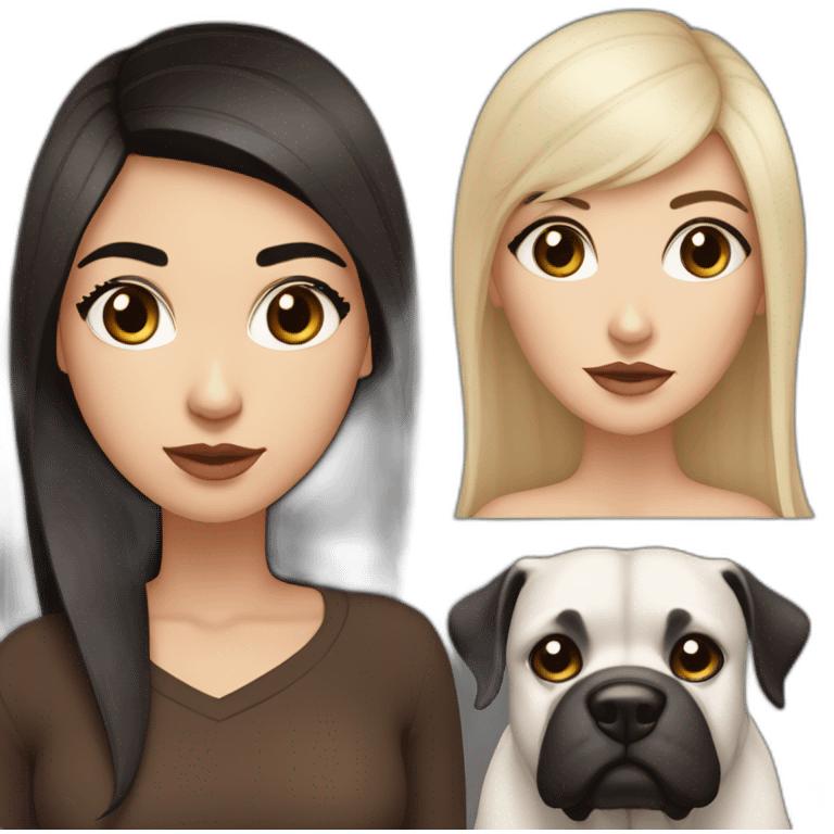 White women with long dark brown hair and long eyelashes dark brown eyes and thick dark brown eyebrows and Black dog with a white stripe on the neck with pointed ears raised up emoji