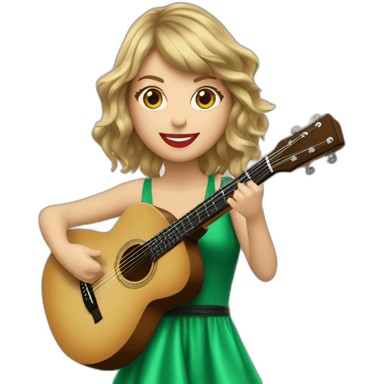 Taylor swift avec une robe vert jouant de la guitare avec des magni emoji