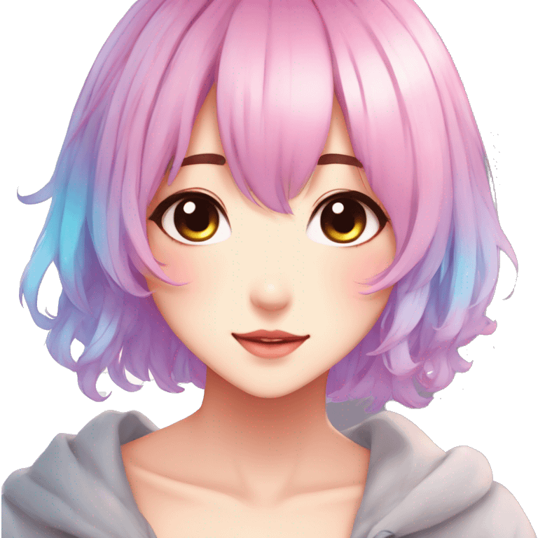 Gorgeous anime style shojo character with blushing face aesthetic and pretty colorful shiny gradient pastel hair trending style emoji