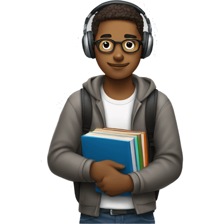 A university student holds books and textbooks in his left hand, headphones in his right hand

 emoji