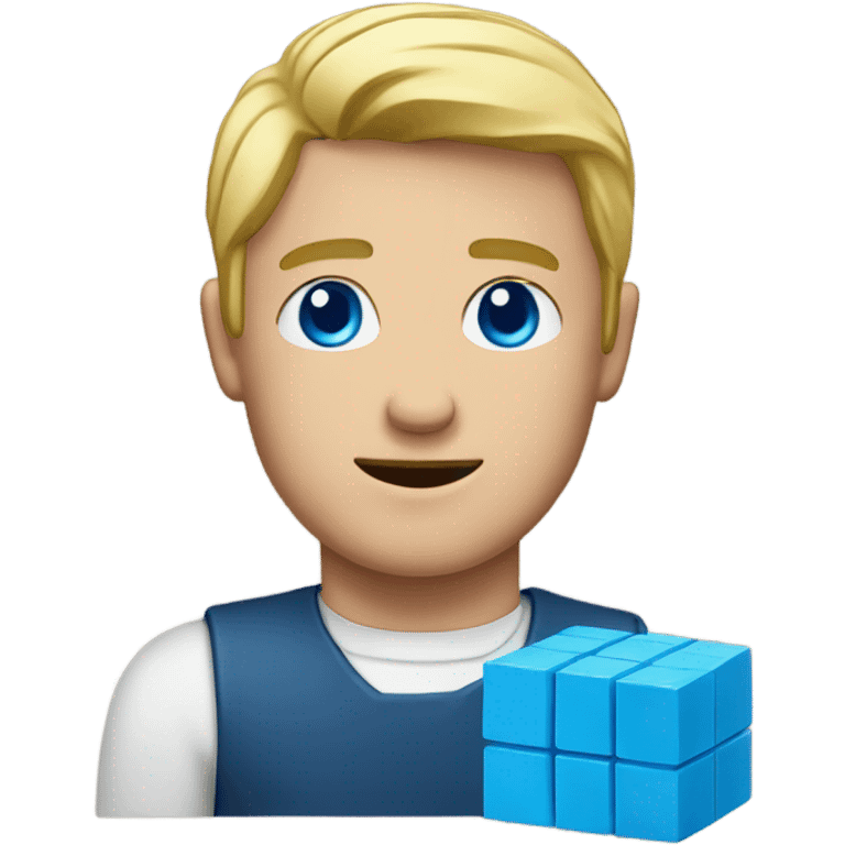 Blonde man with blue eyes holding a small blue brick emoji