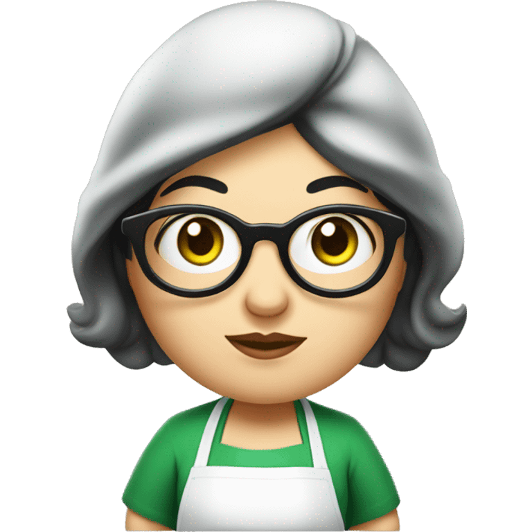 chubby lady with black hair and big eyes green apron  with glasses cooking  emoji