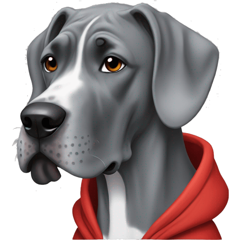 Grey Great Dane wearing a red hoodie emoji