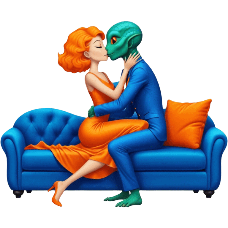 A reptilian alien woman in orange dress kissing human man in blue dress, on sofa emoji