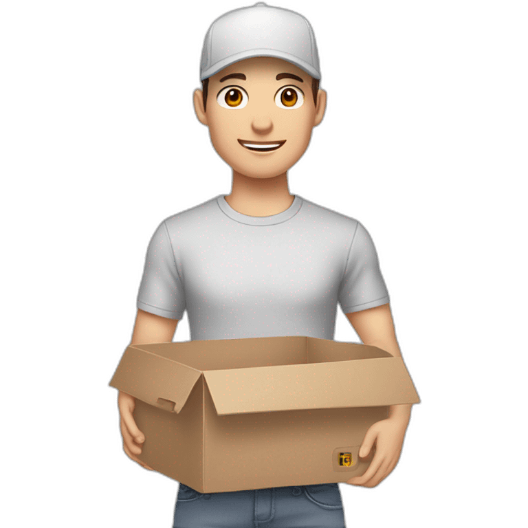 Pale skinned fit Man with dark brown hair in a white cap, gray jeans and gray polo T-shirt keeping a pasted box into his hands emoji