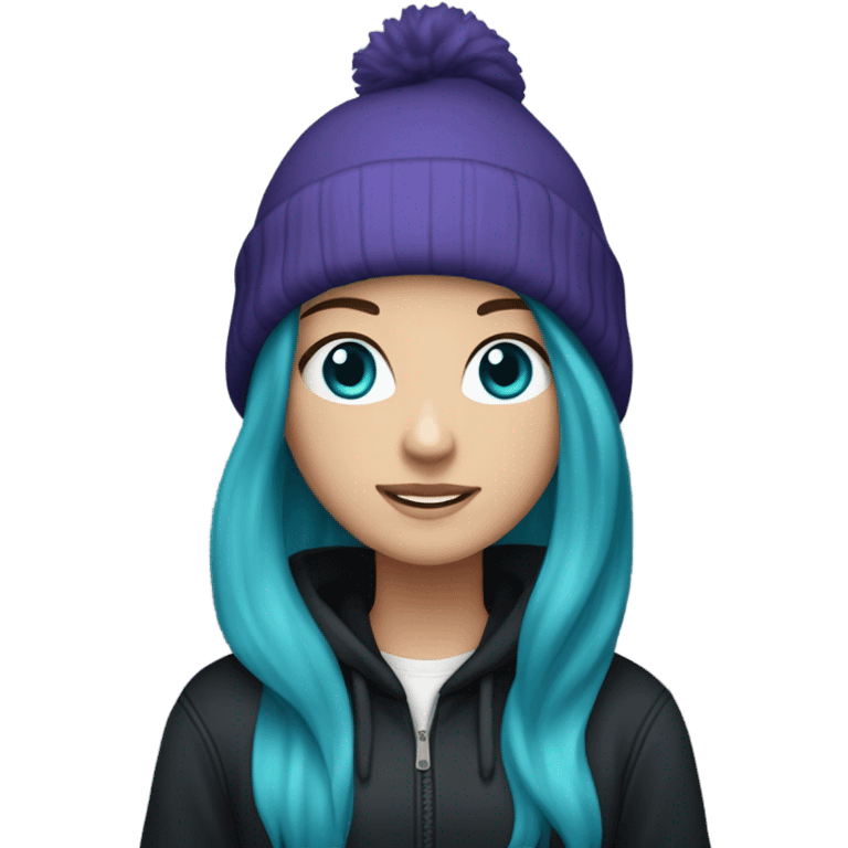 White girl, blue eyes, long teal hair, purple beanie hat, black hoodie, blue jeans, black shoes emoji