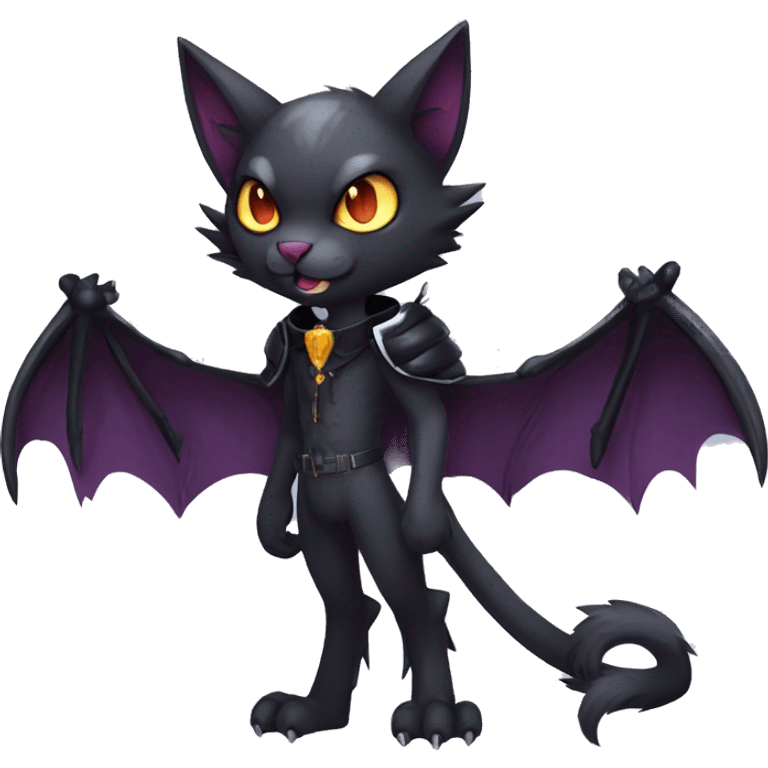  cool edgy anthro dark-themed animal vampiric cat-hybrid Fakemon with fangs and bat-wing-ears with a collar full body emoji