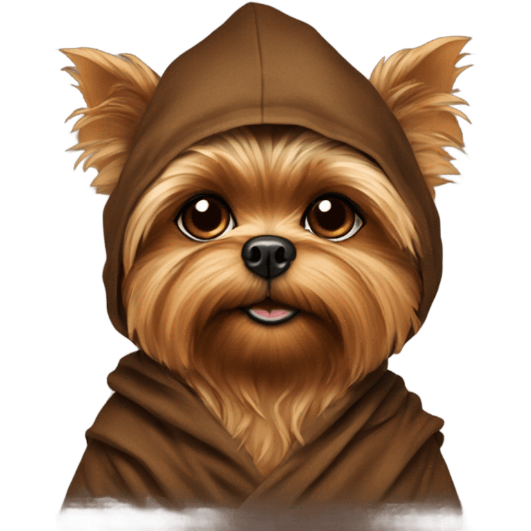 A Yorkie dressed up as an Ewok  emoji