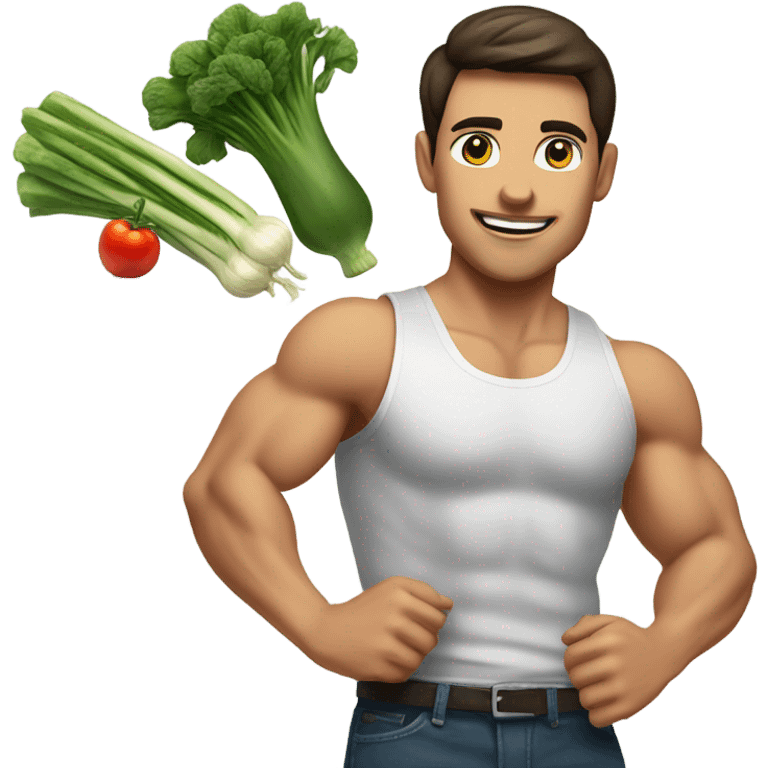 attractive muscular brunette young man using a chopping vegetables emoji