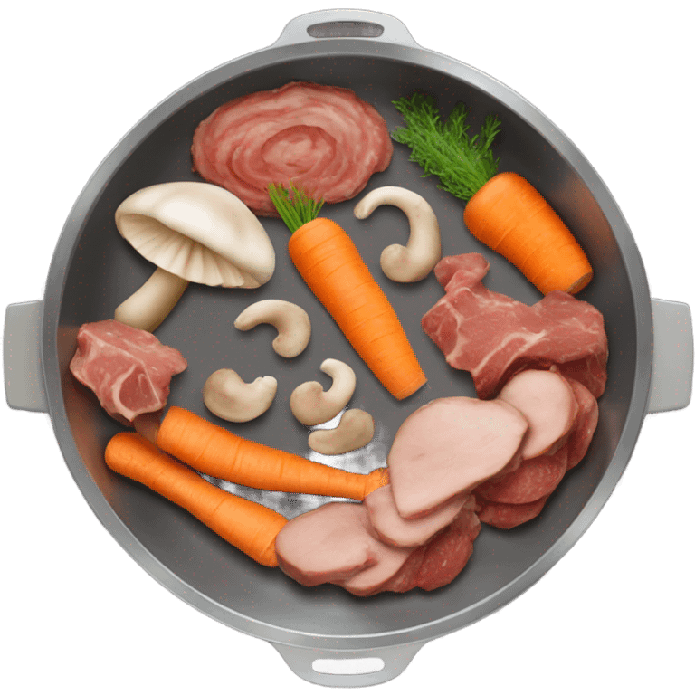 mushroom, carrots meat pieces   in pan in air emoji