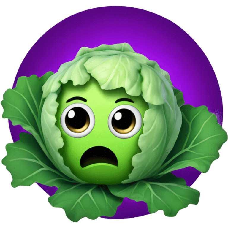 Create 3D color cabbage emoji with mysterious face and big shiny eyes 👀. has two leafy hands, hand holds a small mirror 🪞 emoji