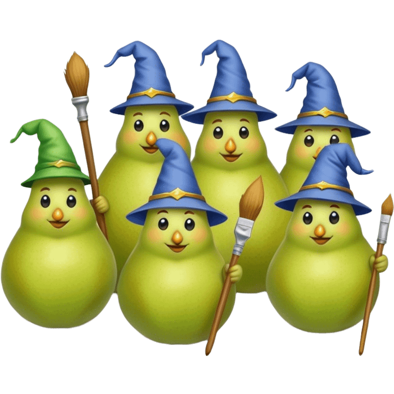 A cool group of pears, where some are developers (wizards), some are designers (creative people), some from other fields as well. emoji