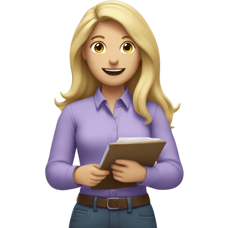 White woman with long blonde hair, wearing a lavender shirt, holding a completed to do list, celebrating  emoji