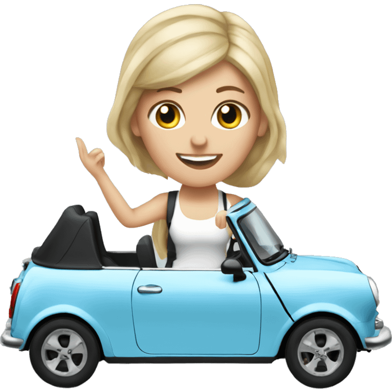 a white girl drives a blue convertible Mini Cooper- change to black convertible  emoji