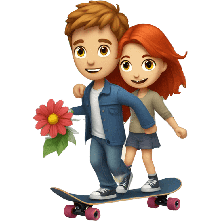 Brown haired boy with blue eyes riding a skateboard giving a red haired girl flowers  emoji