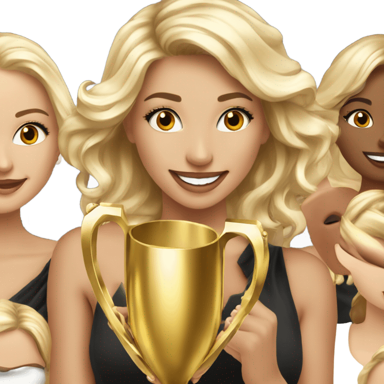 Seven beautiful and elegant blonde and Latina models celebrating with 1 huge gold trophy emoji