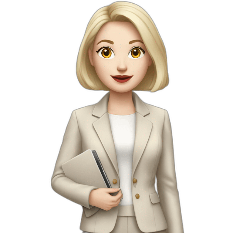 pale skin woman with ash blonde Straightened bob Hair, White Spacious classical jacket, beige palazzo Arrow pants and gray blouse holding a MacBook in the hands emoji