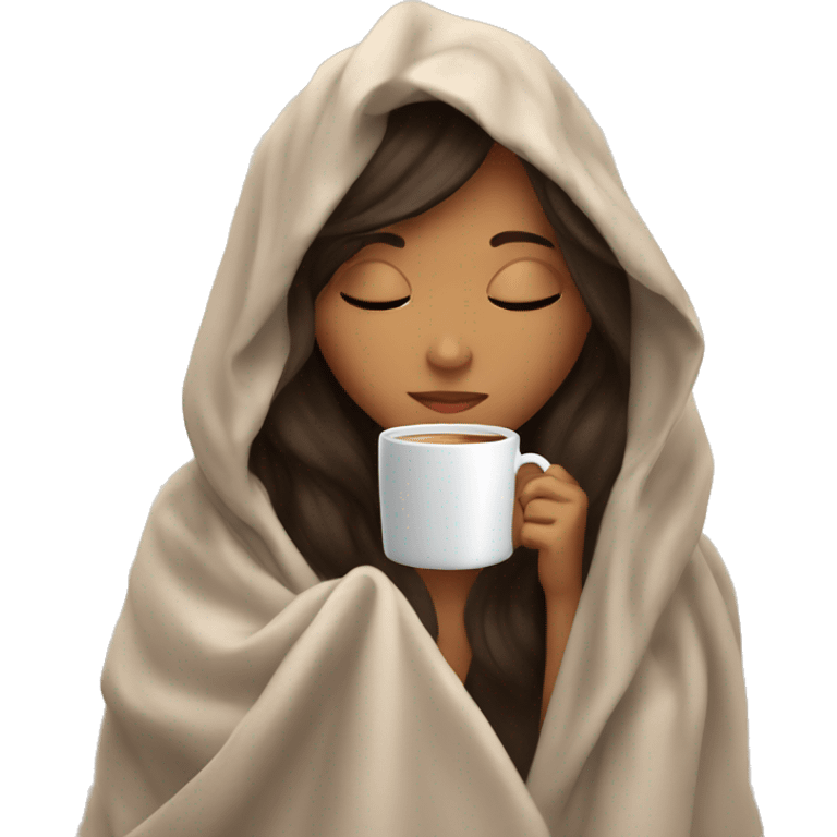 Brunette girl inside a blanket sipping coffee eyes closed emoji