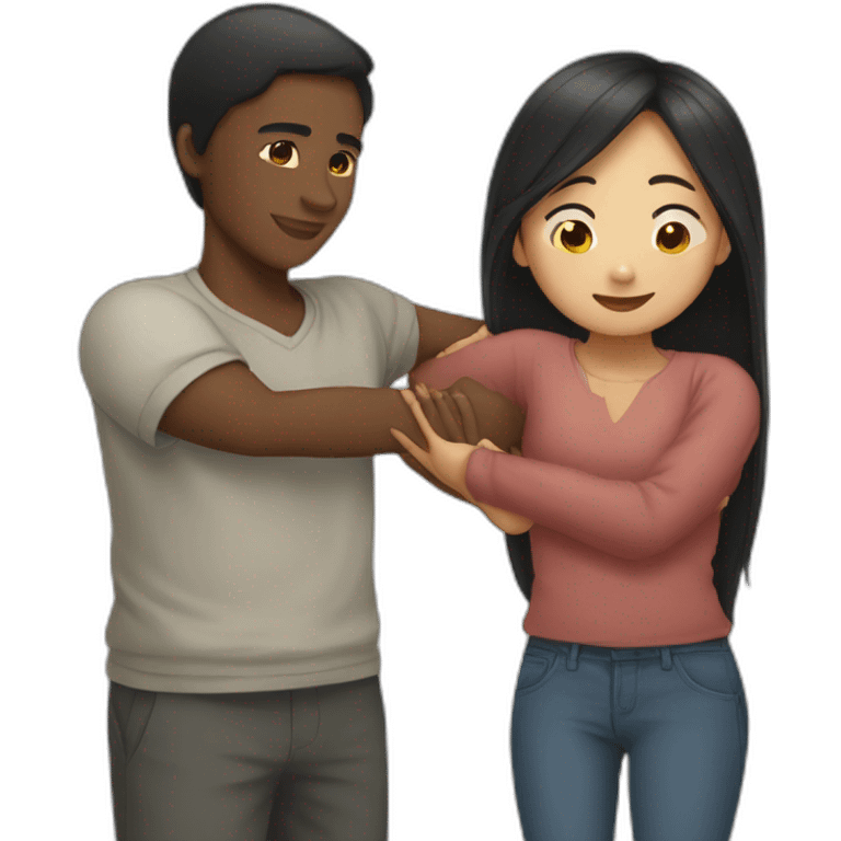 African young man hugging asian girl with long hair emoji