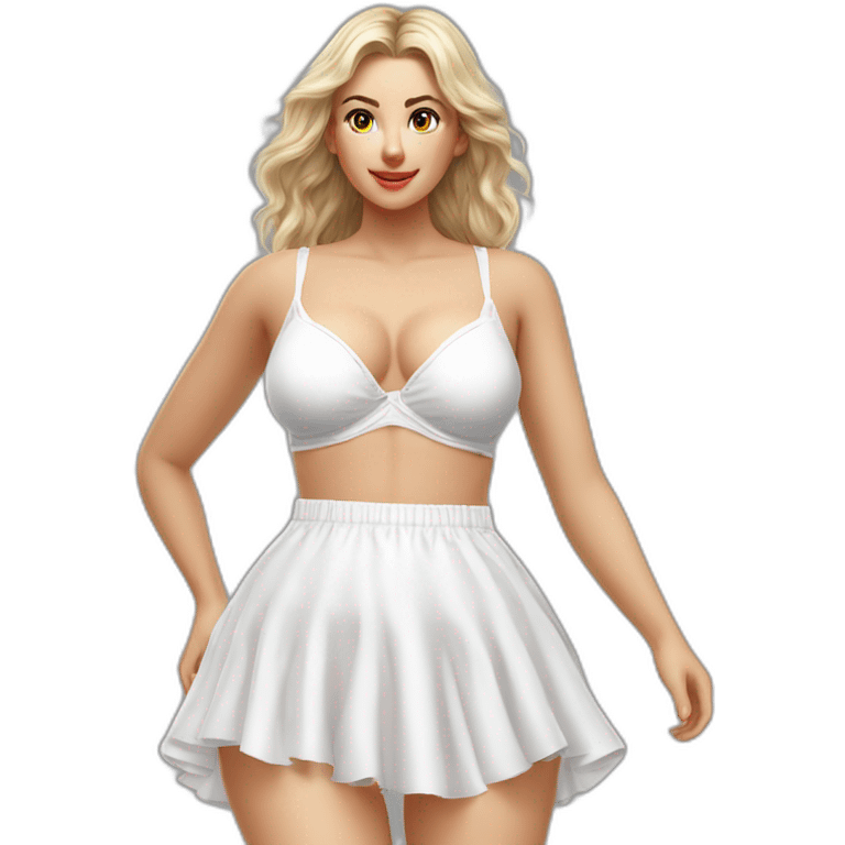 Hyperrealistic Full body Caucasian curvy beauty white knickers back and front views white skirt strong wind emoji