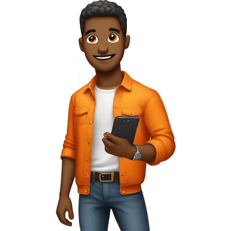 Hombre joven moderno con camisa de color naranja y usando celular emoji