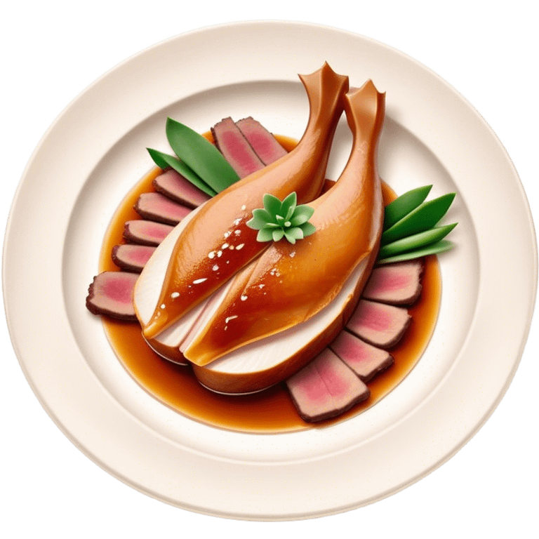 Peking Duck Cinematic Realistic Peking Duck Dish Emoji, depicted as thinly sliced duck breast with crispy skin and succulent meat, rendered with vivid textures and dynamic, appetizing lighting. emoji