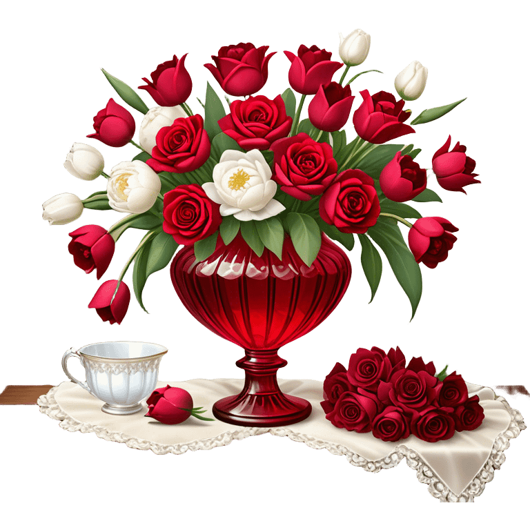 "A romantic still life of a crystal-clear red glass vase brimming with a lavish mix of scarlet roses, tulips, peonies, and silk-like pansies, with pearl-hued ribbons cascading gracefully over a vintage wooden table."
 emoji