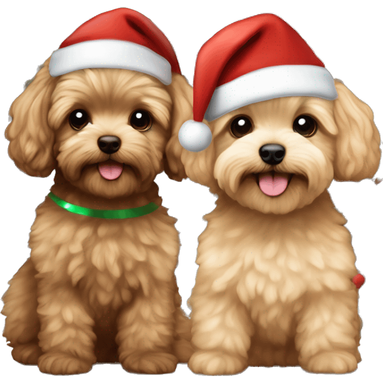 Brown, beige colored Maltipoo with Christmas hat and Christmas tree Christmas lights and a brown haired boy and blond long haired girl human in the background  emoji