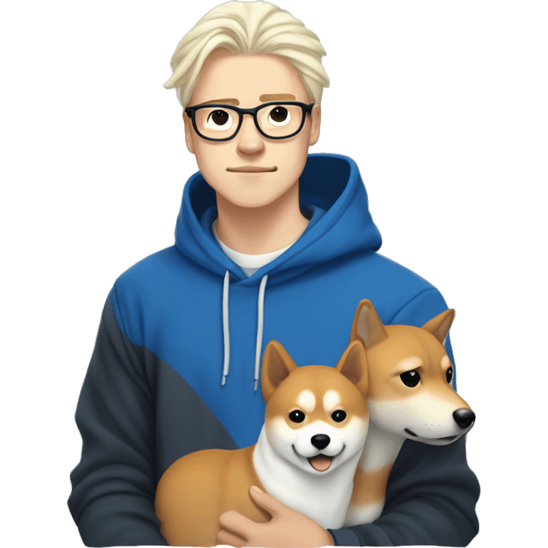 A young guy with long white hair pulled back into a ponytail white skin black-framed glasses and nose piercing wearing  blue hoodie and a Shiba Inu dog next to him emoji