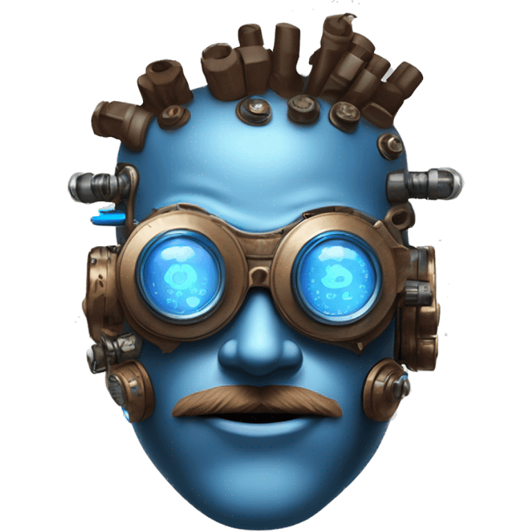 Brown cyborg head with blue Mohawk, blue beard, silver steampunk monocle goggles a smile and circuits emoji