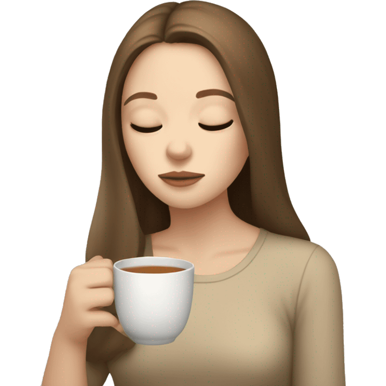 pale Girl with brown hair sipping tea, beige colors, eyes closed emoji