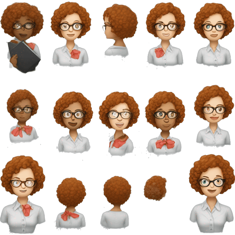 woman teacher with ginger short curly hair whearing glasses white skin log face emoji