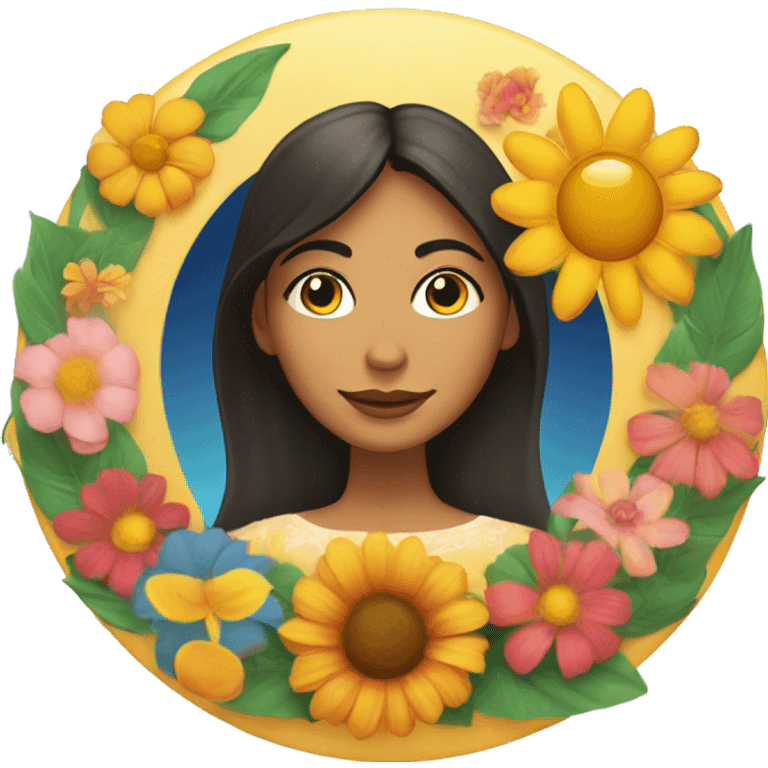 Latino woman's face inside a circle with a moon, flowers, and a sun in a line along the bottom of the circle. emoji