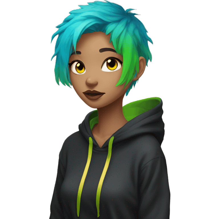 Lady with brunette and iridescent blue hair, gold, lime green dragon wings, black hoodie, bleach dyed, black and gold Nike t shirt, and bright red eyes emoji