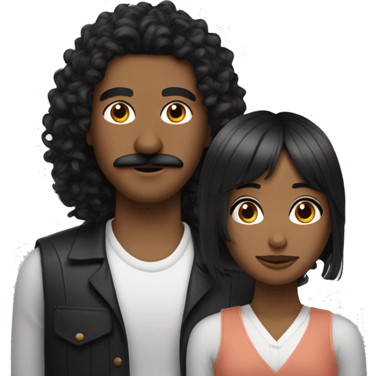 Mid curly hair guy with a mustache and long straight black hair girl with curtain bangs next to eachother  emoji