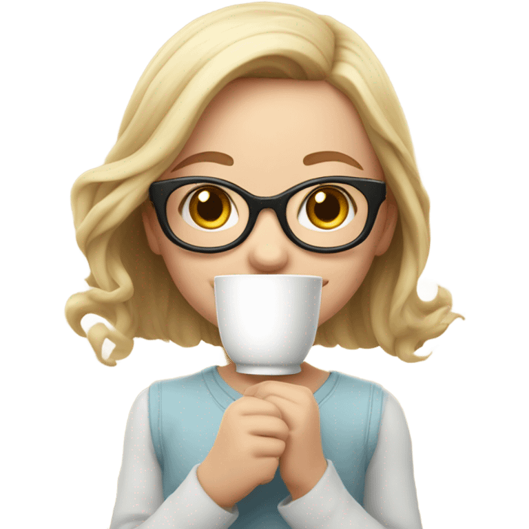 Small white girl wearing big glasses holding tea emoji