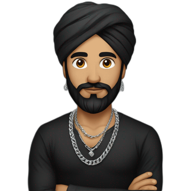 A strong Indian sikh man wearing men silver chain,styled on a Full sleeve black tshirt,black hair white skin emoji