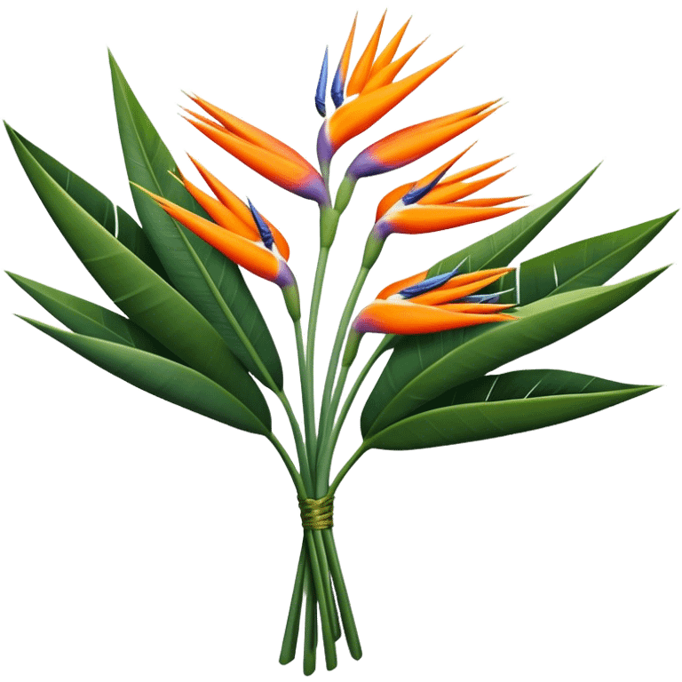 big bouquet Strelitzia Reginae, luxuriant, stem, leaf emoji