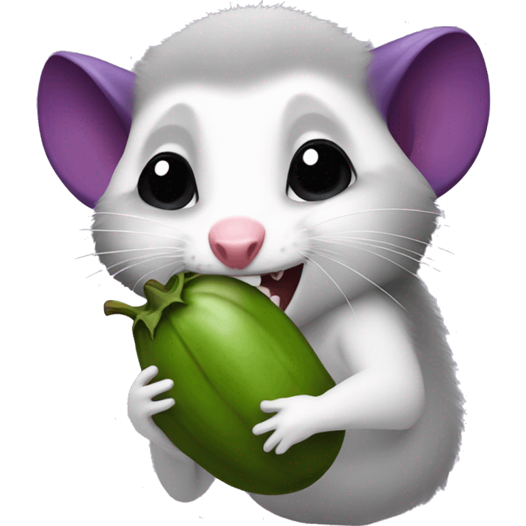 An opossum eating an eggplant emoji