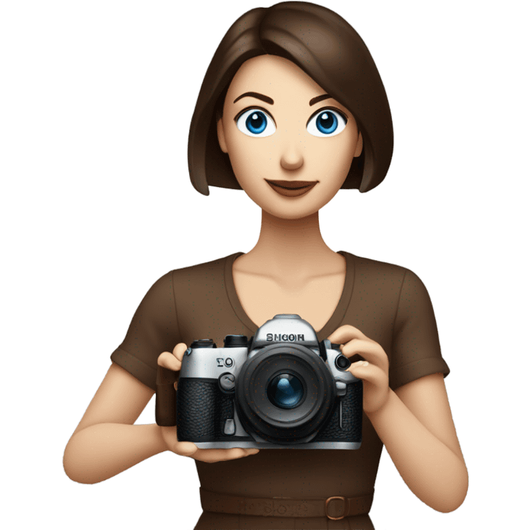 Portrait of stylish woman with blue eyes and chocholate bob hair holding a nikon camera emoji