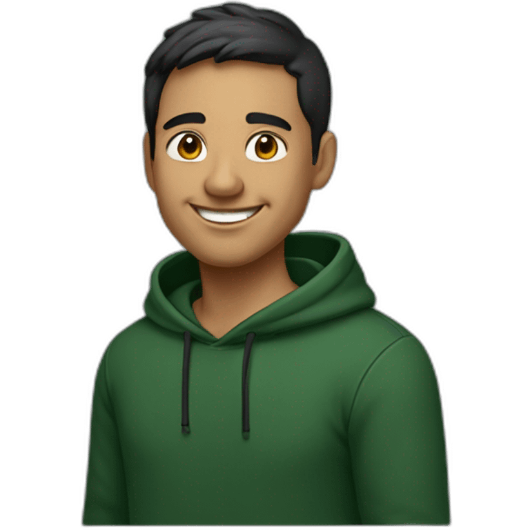 Light skin smiling indian guy with black middle part hairstyle wearing dark green hoodie emoji