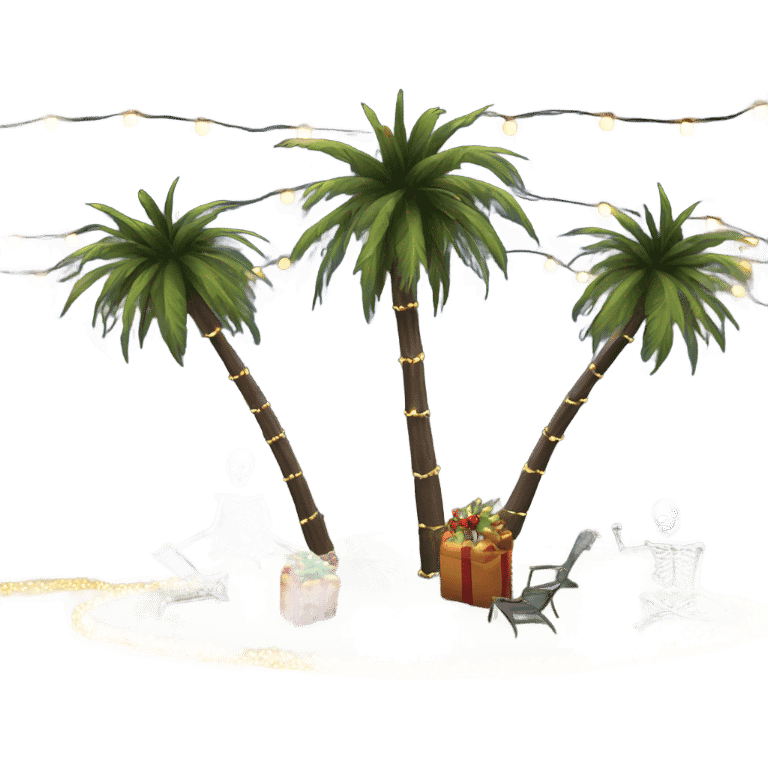 Palm trees with Xmas lights next to 10 ft skeleton emoji