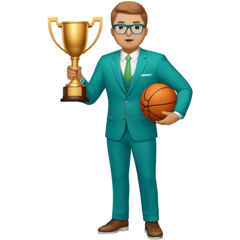 full body plus size white male basketball coach with short light brown  hair color wearing glasses wearing blue and green suit holding a trophy emoji