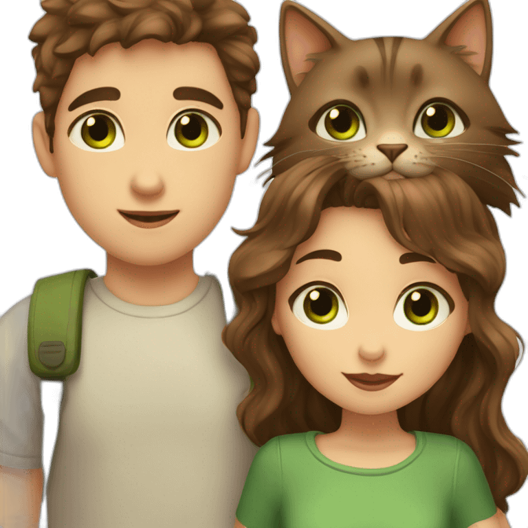 Girl with brown eyes and brown hair kisses the boy with brown hair and green eyes and hugs brown cats emoji