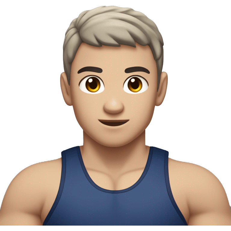 Create a half caucasian and half hispanic physically fit boy wrestler with a grey and navy blue wrestling singlet.  The boy has hazel colored eyes with dark eyebrows and a beachy short haircut with dark brown hair emoji