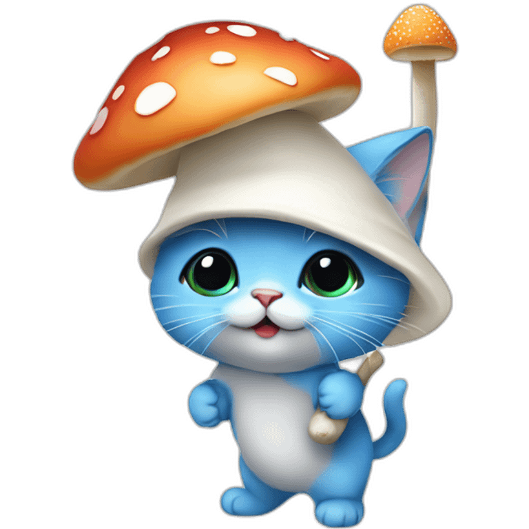 Blue skinned kitten with a white mushroom hat and white pants and carrying a mushroom on a stick on his back emoji