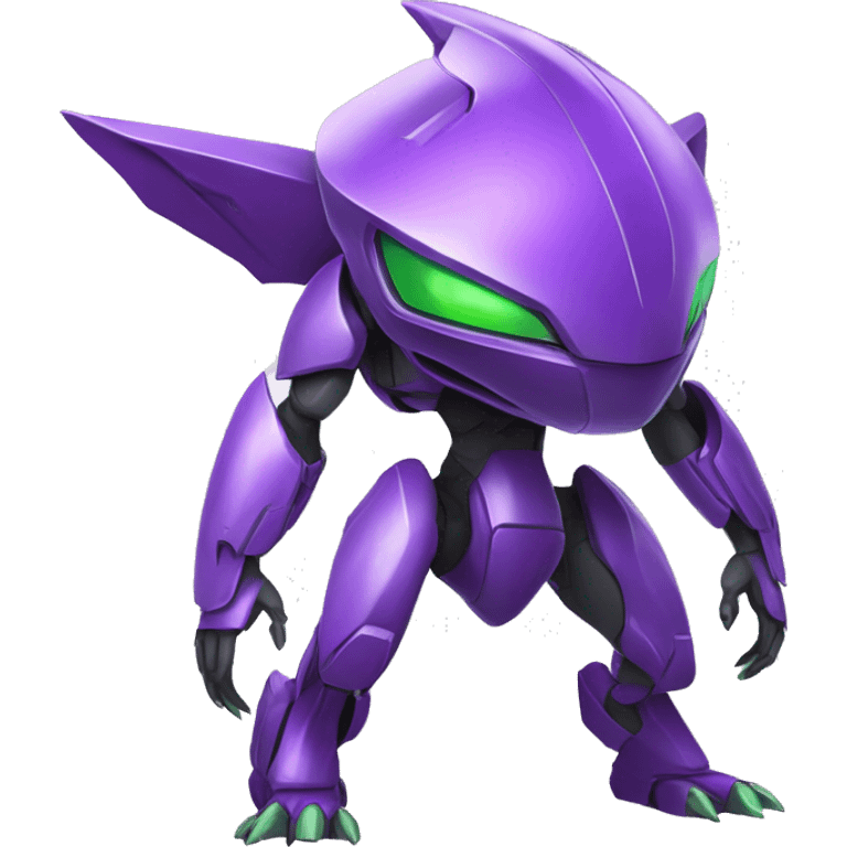 a purple-green Genesect-Raptor-Fakémon—hybrid with a futuristic visor-helmet full body emoji