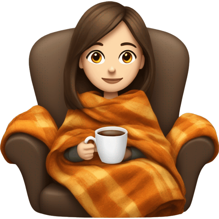 Brunette white girl covered in blanket autumn vibe sitting on a cozy chair holding coffee emoji